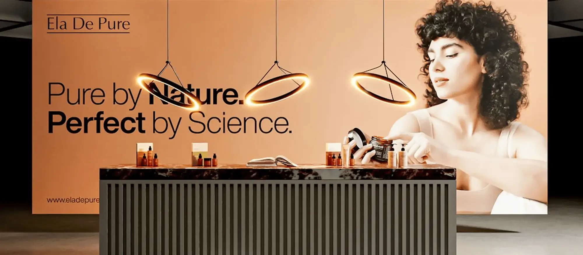 Branded product counter with pendant lights
